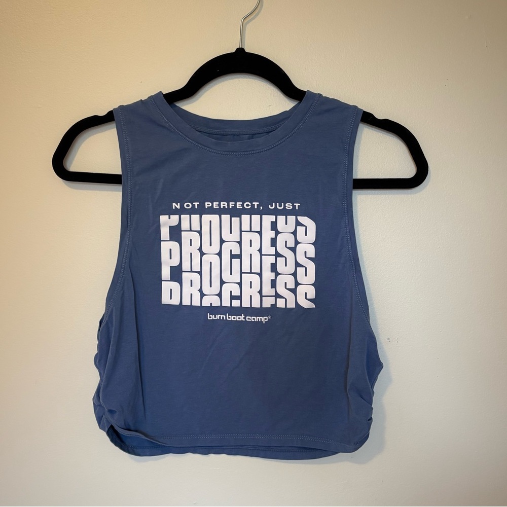 Burn Boot Camp Purple Tank Top Cropped Muscle Tee “Not Perfect Just Progress”